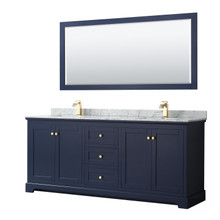 Wyndham  WCV232380DBLCMUNSM70 Avery 80 Inch Double Bathroom Vanity in Dark Blue, White Carrara Marble Countertop, Undermount Square Sinks, and 70 Inch Mirror