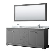Wyndham  WCV232380DKGCMUNSM70 Avery 80 Inch Double Bathroom Vanity in Dark Gray, White Carrara Marble Countertop, Undermount Square Sinks, and 70 Inch Mirror