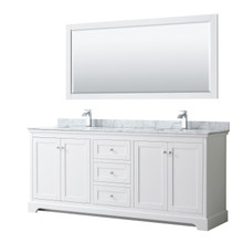 Wyndham  WCV232380DWHCMUNSM70 Avery 80 Inch Double Bathroom Vanity in White, White Carrara Marble Countertop, Undermount Square Sinks, and 70 Inch Mirror