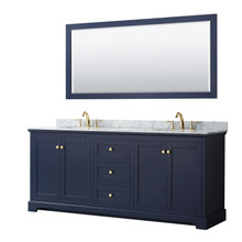Wyndham  WCV232380DBLCMUNOM70 Avery 80 Inch Double Bathroom Vanity in Dark Blue, White Carrara Marble Countertop, Undermount Oval Sinks, and 70 Inch Mirror