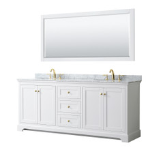 Wyndham  WCV232380DWGCMUNOM70 Avery 80 Inch Double Bathroom Vanity in White, White Carrara Marble Countertop, Undermount Oval Sinks, 70 Inch Mirror, Brushed Gold Trim