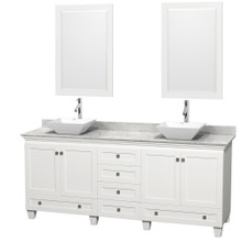Wyndham  WCV800080DWHCMD2WM24 Acclaim 80 Inch Double Bathroom Vanity in White, White Carrara Marble Countertop, Pyra White Porcelain Sinks, and 24 Inch Mirrors