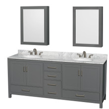 Wyndham  WCS141480DKGCMUNOMED Sheffield 80 Inch Double Bathroom Vanity in Dark Gray, White Carrara Marble Countertop, Undermount Oval Sinks, and Medicine Cabinets