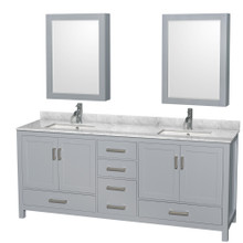 Wyndham  WCS141480DGYCMUNSMED Sheffield 80 Inch Double Bathroom Vanity in Gray, White Carrara Marble Countertop, Undermount Square Sinks, and Medicine Cabinets