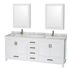 Wyndham  WCS141480DWHCMUNSMED Sheffield 80 Inch Double Bathroom Vanity in White, White Carrara Marble Countertop, Undermount Square Sinks, and Medicine Cabinets