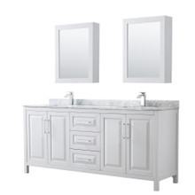 Wyndham  WCV252580DWHCMUNSMED Daria 80 Inch Double Bathroom Vanity in White, White Carrara Marble Countertop, Undermount Square Sinks, and Medicine Cabinets