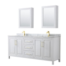 Wyndham  WCV252580DWGCMUNSMED Daria 80 Inch Double Bathroom Vanity in White, White Carrara Marble Countertop, Undermount Square Sinks, Medicine Cabinets, Brushed Gold Trim