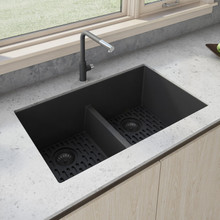 Ruvati 33 x 19 inch Granite Composite Undermount Low Divide Double Bowl Kitchen Sink - Midnight Black - RVG2385BK