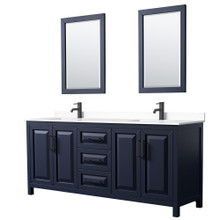 Wyndham  WCV252580DBBWCUNSM24 Daria 80 Inch Double Bathroom Vanity in Dark Blue, White Cultured Marble Countertop, Undermount Square Sinks, Matte Black Trim, 24 Inch Mirrors