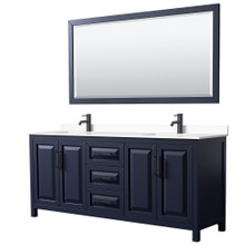 Wyndham  WCV252580DBBWCUNSM70 Daria 80 Inch Double Bathroom Vanity in Dark Blue, White Cultured Marble Countertop, Undermount Square Sinks, Matte Black Trim, 70 Inch Mirror