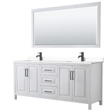 Wyndham  WCV252580DWBWCUNSM70 Daria 80 Inch Double Bathroom Vanity in White, White Cultured Marble Countertop, Undermount Square Sinks, Matte Black Trim, 70 Inch Mirror