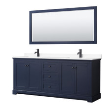 Wyndham  WCV232380DBBWCUNSM70 Avery 80 Inch Double Bathroom Vanity in Dark Blue, White Cultured Marble Countertop, Undermount Square Sinks, Matte Black Trim, 70 Inch Mirror
