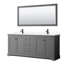 Wyndham  WCV232380DGBWCUNSM70 Avery 80 Inch Double Bathroom Vanity in Dark Gray, White Cultured Marble Countertop, Undermount Square Sinks, Matte Black Trim, 70 Inch Mirror