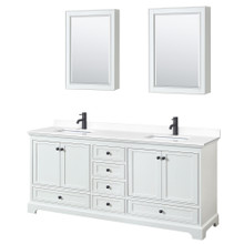 Wyndham  WCS202080DWBWCUNSMED Deborah 80 Inch Double Bathroom Vanity in White, White Cultured Marble Countertop, Undermount Square Sinks, Matte Black Trim, Medicine Cabinets