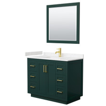 Wyndham  WCF292942SGDC2UNSM34 Miranda 42 Inch Single Bathroom Vanity in Green, Carrara Cultured Marble Countertop, Undermount Square Sink, Brushed Gold Trim, 34 Inch Mirror