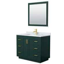Wyndham  WCF292942SGDCMUNSM34 Miranda 42 Inch Single Bathroom Vanity in Green, White Carrara Marble Countertop, Undermount Square Sink, Brushed Gold Trim, 34 Inch Mirror