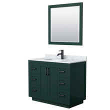 Wyndham  WCF292942SGKCMUNSM34 Miranda 42 Inch Single Bathroom Vanity in Green, White Carrara Marble Countertop, Undermount Square Sink, Matte Black Trim, 34 Inch Mirror