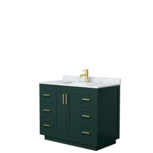 Wyndham  WCF292942SGDCMUNSMXX Miranda 42 Inch Single Bathroom Vanity in Green, White Carrara Marble Countertop, Undermount Square Sink, Brushed Gold Trim