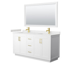 Wyndham  WCF292966DWGC2UNSM58 Miranda 66 Inch Double Bathroom Vanity in White, Carrara Cultured Marble Countertop, Undermount Square Sinks, Brushed Gold Trim, 58 Inch Mirror