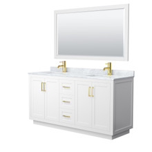 Wyndham  WCF292966DWGCMUNSM58 Miranda 66 Inch Double Bathroom Vanity in White, White Carrara Marble Countertop, Undermount Square Sinks, Brushed Gold Trim, 58 Inch Mirror