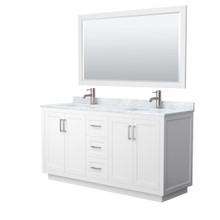 Wyndham  WCF292966DWHCMUNSM58 Miranda 66 Inch Double Bathroom Vanity in White, White Carrara Marble Countertop, Undermount Square Sinks, Brushed Nickel Trim, 58 Inch Mirror