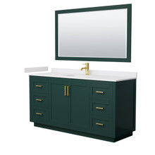 Wyndham  WCF292966SGDWCUNSM58 Miranda 66 Inch Single Bathroom Vanity in Green, White Cultured Marble Countertop, Undermount Square Sink, Brushed Gold Trim, 58 Inch Mirror