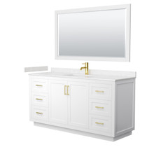Wyndham  WCF292966SWGC2UNSM58 Miranda 66 Inch Single Bathroom Vanity in White, Carrara Cultured Marble Countertop, Undermount Square Sink, Brushed Gold Trim, 58 Inch Mirror