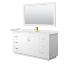 Wyndham  WCF292966SWGWCUNSM58 Miranda 66 Inch Single Bathroom Vanity in White, White Cultured Marble Countertop, Undermount Square Sink, Brushed Gold Trim, 58 Inch Mirror