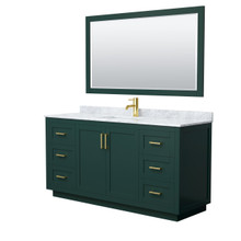 Wyndham  WCF292966SGDCMUNSM58 Miranda 66 Inch Single Bathroom Vanity in Green, White Carrara Marble Countertop, Undermount Square Sink, Brushed Gold Trim, 58 Inch Mirror