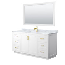 Wyndham  WCF292966SWGCMUNSM58 Miranda 66 Inch Single Bathroom Vanity in White, White Carrara Marble Countertop, Undermount Square Sink, Brushed Gold Trim, 58 Inch Mirror