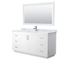 Wyndham  WCF292966SWHCMUNSM58 Miranda 66 Inch Single Bathroom Vanity in White, White Carrara Marble Countertop, Undermount Square Sink, Brushed Nickel Trim, 58 Inch Mirror