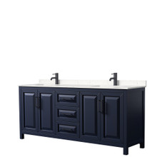 Wyndham  WCV252580DBBC2UNSMXX Daria 80 Inch Double Bathroom Vanity in Dark Blue, Carrara Cultured Marble Countertop, Undermount Square Sinks, Matte Black Trim