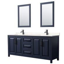 Wyndham  WCV252580DBBC2UNSM24 Daria 80 Inch Double Bathroom Vanity in Dark Blue, Carrara Cultured Marble Countertop, Undermount Square Sinks, Matte Black Trim, 24 Inch Mirrors