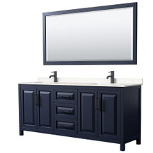 Wyndham  WCV252580DBBC2UNSM70 Daria 80 Inch Double Bathroom Vanity in Dark Blue, Carrara Cultured Marble Countertop, Undermount Square Sinks, Matte Black Trim, 70 Inch Mirror