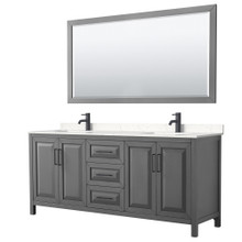 Wyndham  WCV252580DGBC2UNSM70 Daria 80 Inch Double Bathroom Vanity in Dark Gray, Carrara Cultured Marble Countertop, Undermount Square Sinks, Matte Black Trim, 70 Inch Mirror