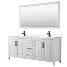 Wyndham  WCV252580DWBC2UNSM70 Daria 80 Inch Double Bathroom Vanity in White, Carrara Cultured Marble Countertop, Undermount Square Sinks, Matte Black Trim, 70 Inch Mirror