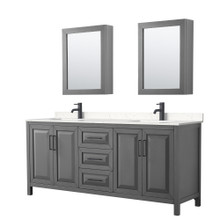 Wyndham  WCV252580DGBC2UNSMED Daria 80 Inch Double Bathroom Vanity in Dark Gray, Carrara Cultured Marble Countertop, Undermount Square Sinks, Matte Black Trim, Medicine Cabinets