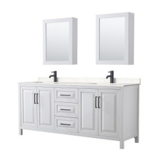 Wyndham  WCV252580DWBC2UNSMED Daria 80 Inch Double Bathroom Vanity in White, Carrara Cultured Marble Countertop, Undermount Square Sinks, Matte Black Trim, Medicine Cabinets