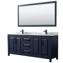 Wyndham  WCV252580DBBCMUNSM70 Daria 80 Inch Double Bathroom Vanity in Dark Blue, White Carrara Marble Countertop, Undermount Square Sinks, Matte Black Trim, 70 Inch Mirror