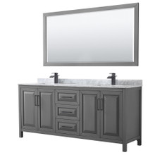 Wyndham  WCV252580DGBCMUNSM70 Daria 80 Inch Double Bathroom Vanity in Dark Gray, White Carrara Marble Countertop, Undermount Square Sinks, Matte Black Trim, 70 Inch Mirror