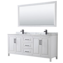 Wyndham  WCV252580DWBCMUNSM70 Daria 80 Inch Double Bathroom Vanity in White, White Carrara Marble Countertop, Undermount Square Sinks, Matte Black Trim, 70 Inch Mirror