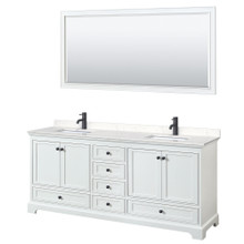 Wyndham  WCS202080DWBC2UNSM70 Deborah 80 Inch Double Bathroom Vanity in White, Carrara Cultured Marble Countertop, Undermount Square Sinks, Matte Black Trim, 70 Inch Mirror