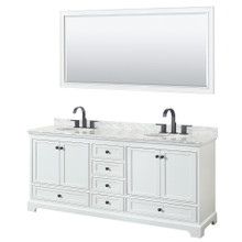 Wyndham  WCS202080DWBCMUNOM70 Deborah 80 Inch Double Bathroom Vanity in White, White Carrara Marble Countertop, Undermount Oval Sinks, Matte Black Trim, 70 Inch Mirror