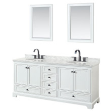 Wyndham  WCS202080DWBCMUNOM24 Deborah 80 Inch Double Bathroom Vanity in White, White Carrara Marble Countertop, Undermount Oval Sinks, Matte Black Trim, 24 Inch Mirrors