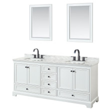 Wyndham  WCS202080DWBCMUNSM24 Deborah 80 Inch Double Bathroom Vanity in White, White Carrara Marble Countertop, Undermount Square Sinks, Matte Black Trim, 24 Inch Mirrors