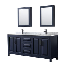 Wyndham  WCV252580DBBCMUNSMED Daria 80 Inch Double Bathroom Vanity in Dark Blue, White Carrara Marble Countertop, Undermount Square Sinks, Matte Black Trim, Medicine Cabinets