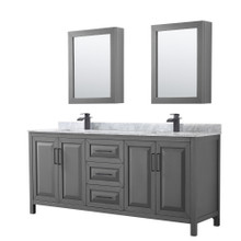 Wyndham  WCV252580DGBCMUNSMED Daria 80 Inch Double Bathroom Vanity in Dark Gray, White Carrara Marble Countertop, Undermount Square Sinks, Matte Black Trim, Medicine Cabinets