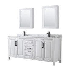 Wyndham  WCV252580DWBCMUNSMED Daria 80 Inch Double Bathroom Vanity in White, White Carrara Marble Countertop, Undermount Square Sinks, Matte Black Trim, Medicine Cabinets