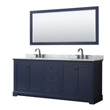 Wyndham  WCV232380DBBCMUNOM70 Avery 80 Inch Double Bathroom Vanity in Dark Blue, White Carrara Marble Countertop, Undermount Oval Sinks, Matte Black Trim, 70 Inch Mirror