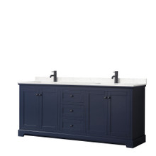 Wyndham  WCV232380DBBC2UNSMXX Avery 80 Inch Double Bathroom Vanity in Dark Blue, Carrara Cultured Marble Countertop, Undermount Square Sinks, Matte Black Trim